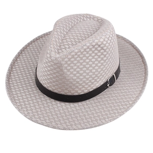 Breathable light grey mesh fedora hat with black decorative band and silver buckle