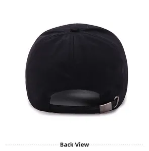 Detail view of the black baseball cap back with an adjustable metal buckle strap