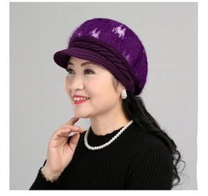 Detailed texture of purple knit peak cap with soft fur blend for middle-aged women