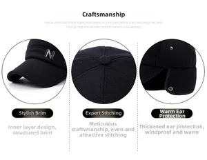 Detailed view of winter baseball cap featuring warm ear flaps and metal letter decoration