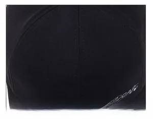 Detailed macro view of the stitching and cotton twill fabric on a black baseball cap