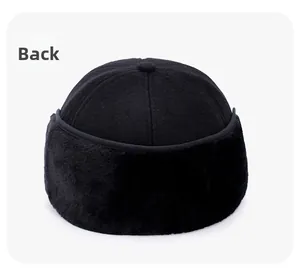 Detail view of the black wool docker hat back side featuring faux fur texture contrast