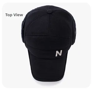 Overlook view of winter wool blend baseball cap with ear flaps and silver N decoration