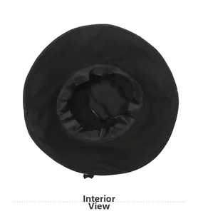Detail view showing the neat stitching and interior sweatband of the black bucket hat