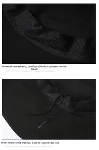 Detail view of the interior sweatband and adjustable drawstring inside the black bucket hat