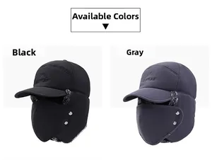 Detail of winter thermal hats with fleece lining, face masks, and metal buckle closures