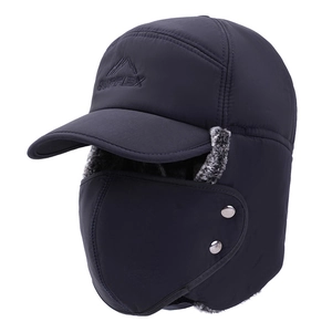 Black winter trapper hat with warm faux fur lining and ear flaps for cold weather