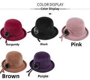 Detailed view of women's knitted bucket hats in wine red, black, pink, brown, and purple