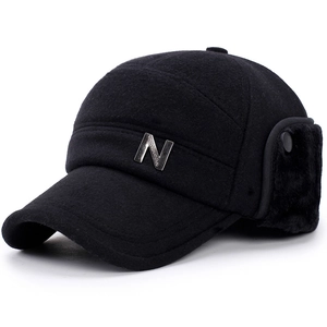 Winter black wool baseball cap with plush earflaps and metal N logo for cold protection