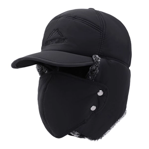 Winter thermal trapper hat for men with fleece lining and detachable face mask in black
