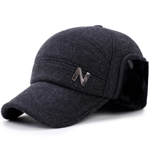 Men's wool blend winter baseball cap with plush earflaps in dark grey color