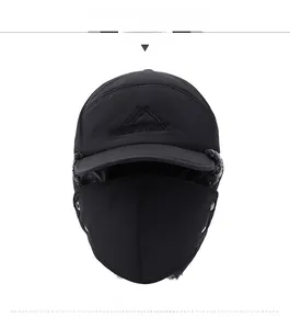 Macro detail of windproof winter trapper hat with integrated mask and warm fleece lining