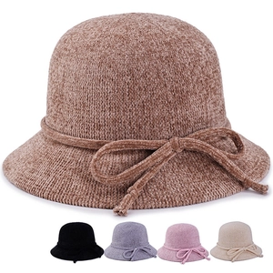 Chapeau Cloche en Tricot d'Hiver pour Femmes Bonnet en Chenille de Polyester Chaud à la Mode Avec Nœud Papillon pour Sorties Quotidiennes