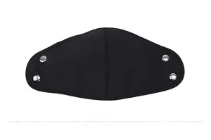 Front view of black thermal winter hat with protective ear flaps and silver metal snaps