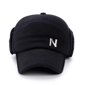 Winter wool baseball cap for men with earflaps and silver metal N detail in black