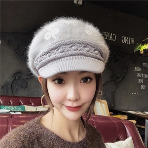 Thick grey knit beanie with plush faux rabbit fur and visor for women winter warmth