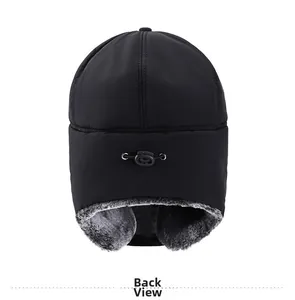 Back view of winter trapper hat with windproof fabric and adjustable rear toggle cord