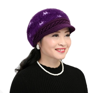 Purple faux rabbit fur knit beret for women with floral pattern and thick warm texture