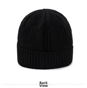 Back view of thick black knitted beanie showing detailed ribbed texture and weave