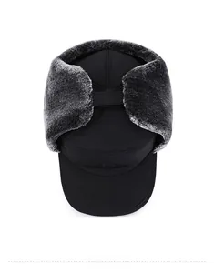 Detail view of winter trooper hat with thick grey faux fur lining and black windproof fabric