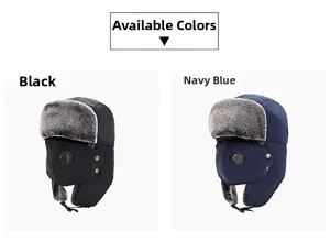 Detail of thermal winter bomber hats in black and navy with fur lining and face masks