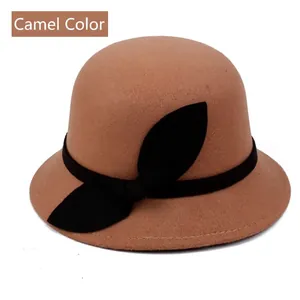 Classic camel wool felt cloche hat with elegant black bow for women autumn fashion
