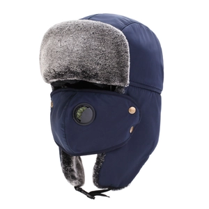 Navy blue winter trapper hat with gray faux fur lining and detachable face mask