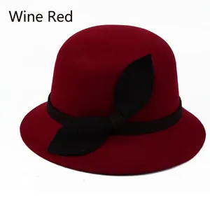 Classic wine red wool cloche hat for women featuring a black decorative ribbon accent