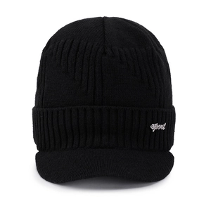 Thick black knitted beanie with brim and sport metal logo for men winter protection