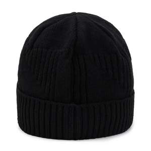 Classic black ribbed knit beanie with thick fold-over cuff for winter warmth and protection