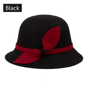 Black wool felt cloche hat for women with deep red ribbon bow decoration
