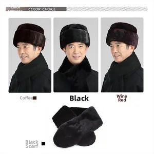 Détail des chapeaux d'hiver avec protège-oreilles en marron, noir, bordeaux et écharpe assortie