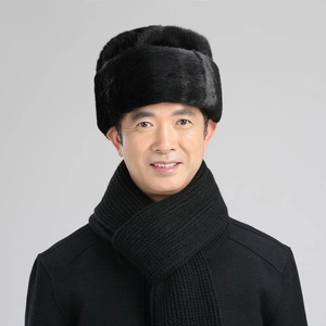 Chapeau de trappeur d'hiver pour homme en fausse fourrure avec écharpe noire assortie