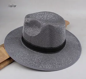Classic gray wide brim sun hat for men with black woven ribbon band and marble texture