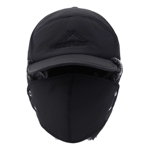 Winter thermal trapper hat with fleece lining, ear flaps and detachable face mask in black