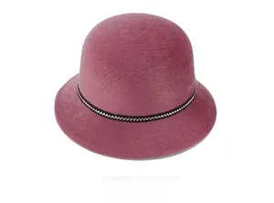 Detailed back view of a dusty rose faux mink fur winter hat with woven ribbon trim