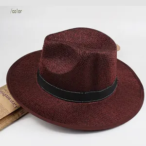 Classic coffee brown wide brim fedora hat with woven texture and black ribbon for men