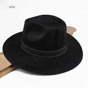Classic black wide-brim woven straw hat with contrast stitching and fedora styling