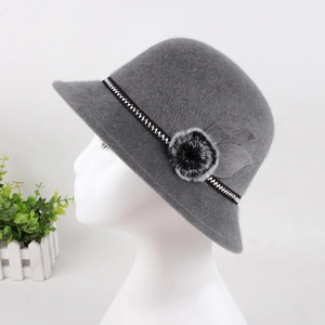 Detail view of winter cloche hat with faux fur flower and zigzag ribbon on mannequin head