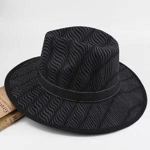 Black wide brim fedora hat with grey wave patterns and white stitched decorative band
