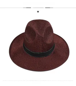 Front view of a dark red wide brim fedora hat with a black grosgrain ribbon band