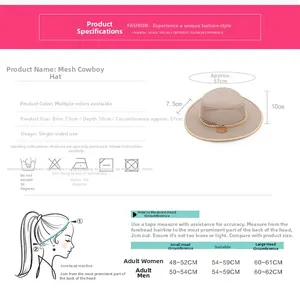 Guida alle taglie per cappello cowboy in rete traspirante con istruzioni di lavaggio