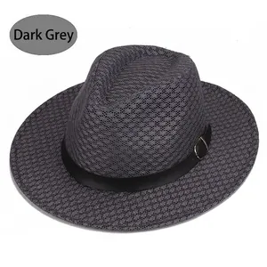 Close-up of dark grey mesh fedora hat with black leather band and silver metal buckle