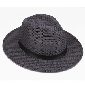 Close-up of a dark grey mesh fedora hat featuring a matte black decorative band