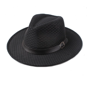 Men's breathable black straw fedora hat with mesh weave and leather buckle band