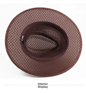 Detail view of the breathable mesh interior and sweatband of the dark brown sun hat