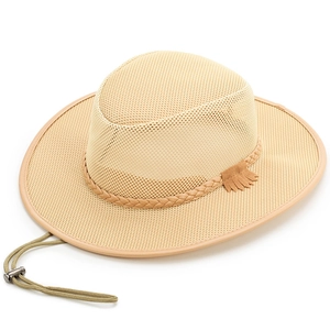 Cappello da sole beige a tesa larga da uomo con rete traspirante e cinturino regolabile