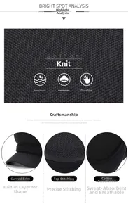 Détails d'une casquette en coton tricoté noir montrant la visière et la bande interne