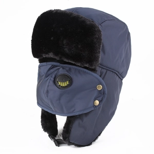 Close-up of winter trapper hat with thick faux fur lining and detachable face mask cover