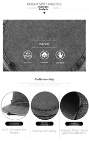Dettaglio cappello bucket in denim di cotone con tessuto traspirante e tesa ben strutturata